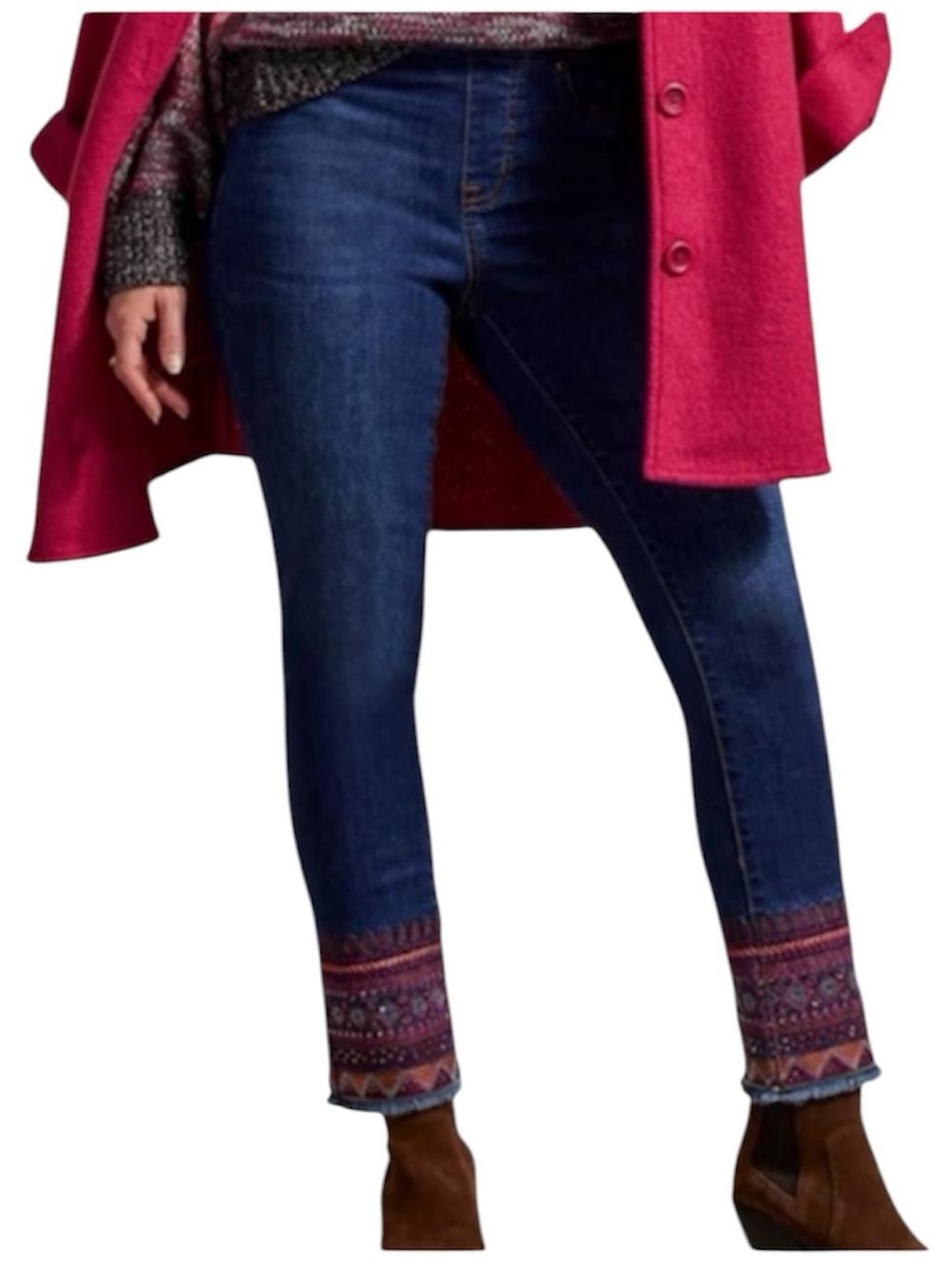 Tribal embellished hem pull-on straight leg jeans 14